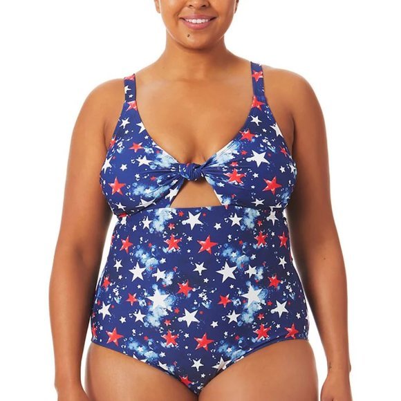 California Waves Plus Splatter-Star Cutout One-Piece Swimsuit Blue 2X (20-22) - Picture 4 of 13